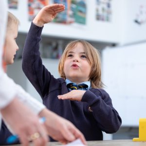 student with his hand raised