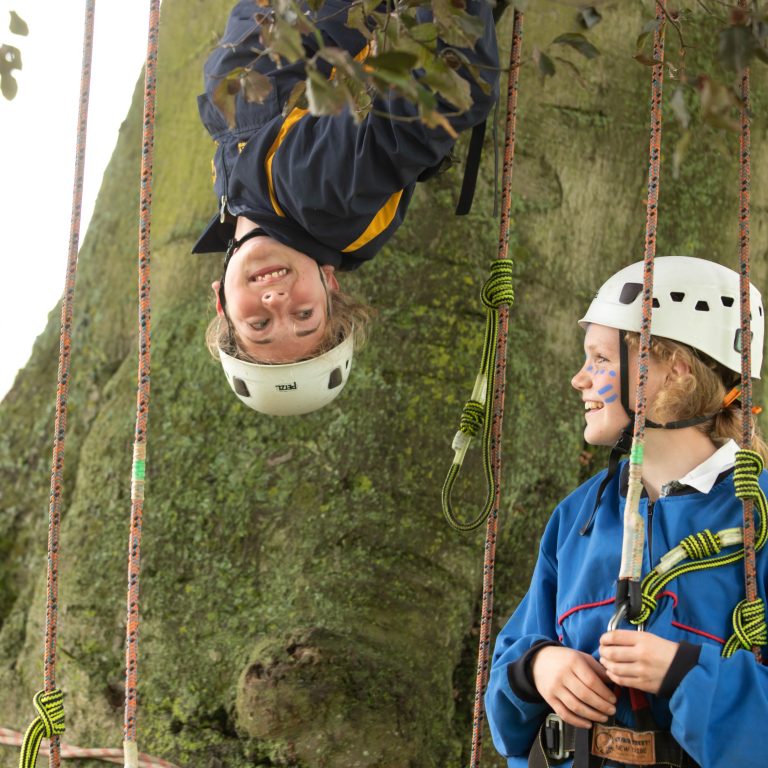 a child upside down in a tree as another student looks on