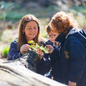 Reception Teacher showing children some natural resources in Beachborough woodland